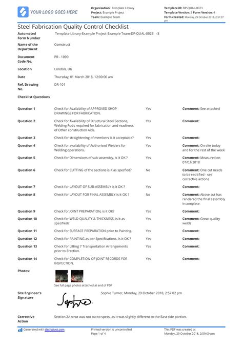 steel fabrication quality control checklist